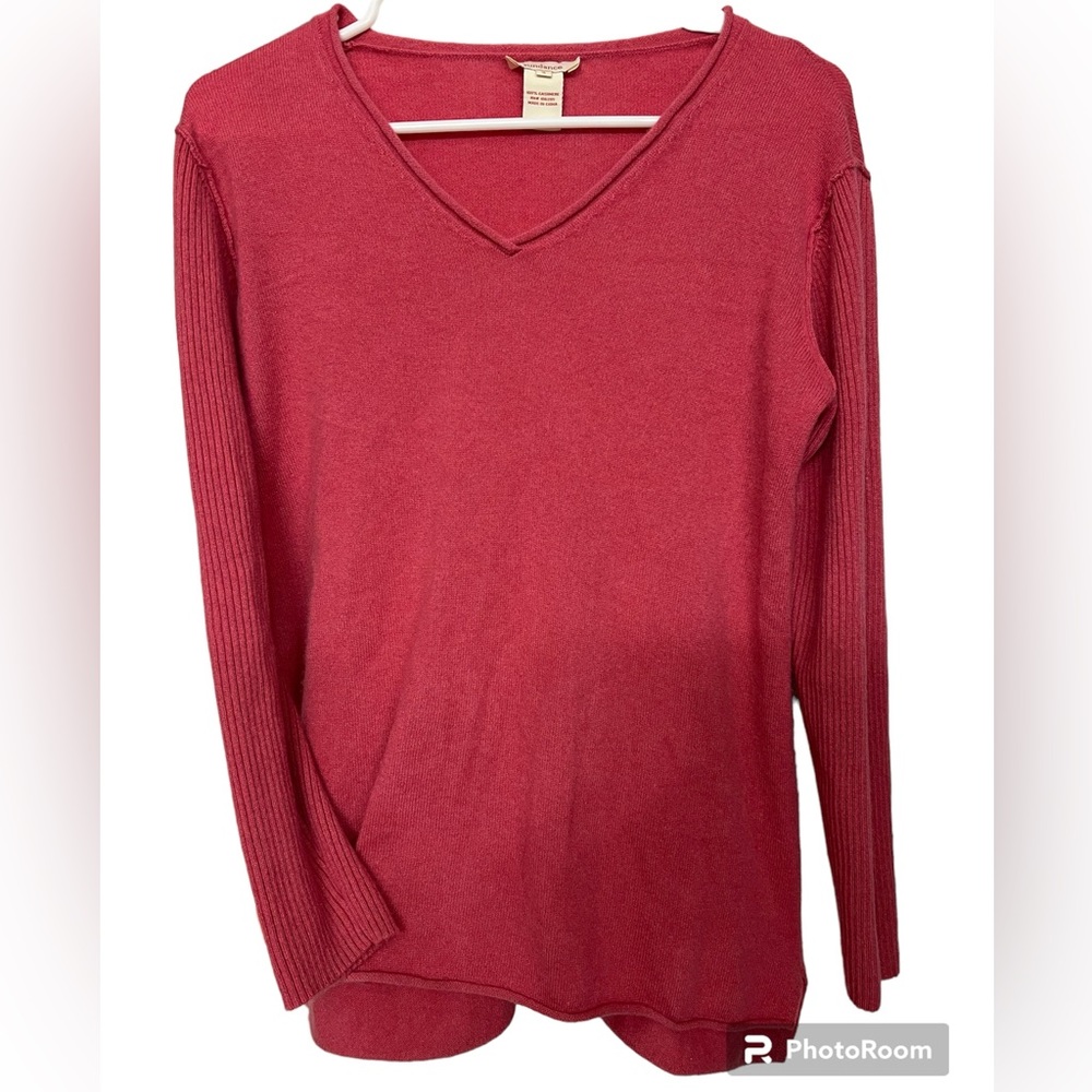 Sundance Size S Pink Cashmere V Neck Ribbed Sleeves‎ rolled hem Knit Top